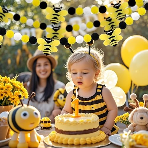 Image of 3 Pcs Honey Bee Decorations Bee Felt Garlands Pre-Strung Hanging Banner Bees Pom Pom Happy Bee's Day Party Supplies for Baby Shower Birthday Party