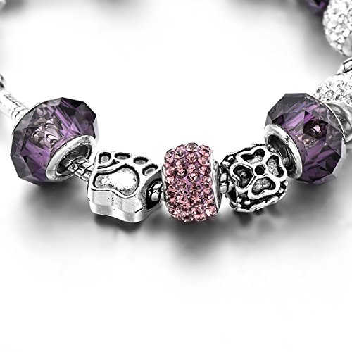 Long Way ® Silver Plated Snake Chain Charm Bracelets Bangles Purple Murano Glass & Crystal Beads Fit Bracelet For Women #TOP3
