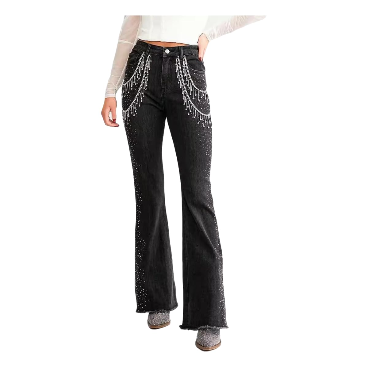 Damskie dżinsy Slim Fit Bootcut dla kobiet, ręcznie szyte i workowe-czarne S