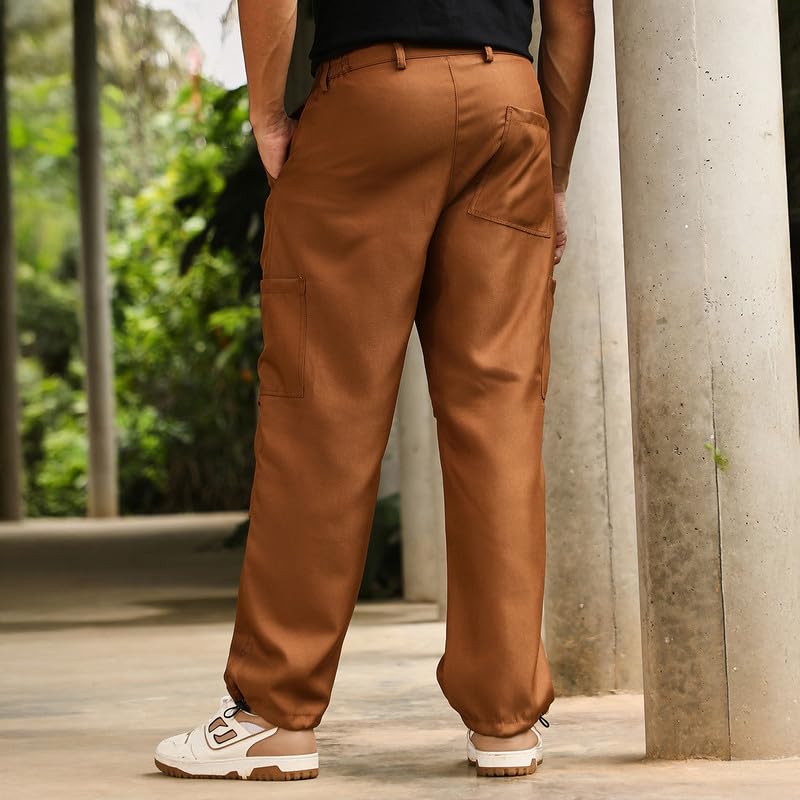 Image of CAHOOT Men Trousers | Mid-Rise, Side-Elasticaed Stretch | Button, Straight Hem | Solid Twill | Woven Fabric for Casual & Street Wear | Russet Brown