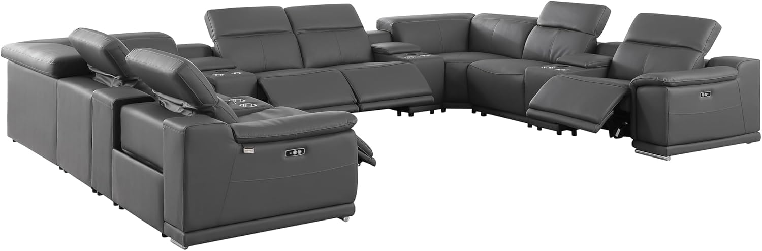 Blackjack Furniture Venice 12-Piece Top Grain Italian Leather Sectional Reclining Sofa Set with 4 Power Recliners, Adjustable Headrests, USB, Wireless Phone Charger &amp; Console Storage, Dark Grey