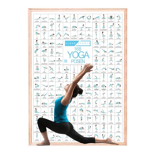 CLEAN SPORTS® Póster de yoga DIN A2 168 poses y Asanas, accesorios para estudios de yoga y casa, ejercicios de chakra para principiantes y profesionales, incluye yoga sin marco.