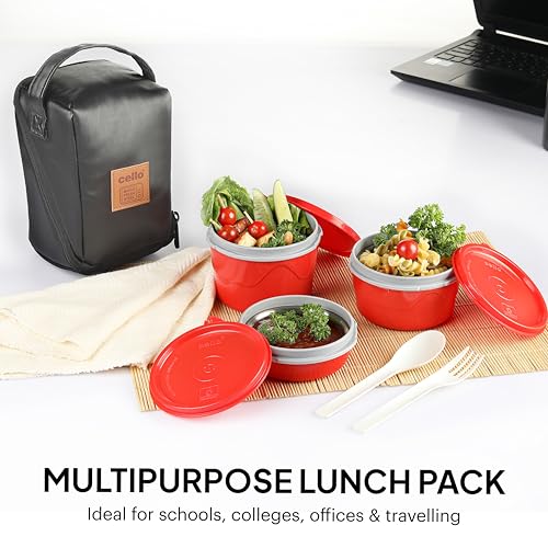 Image of CELLO MF Micro Insulated Lunch Box | Stainless Steel Inner | 3 Container with Leather Carry Pouch | Lunch Pack for Office & School, College Use | 3 Units | Red