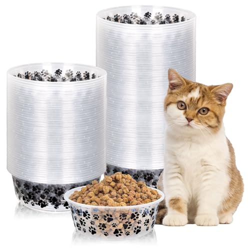 FYSUIMU 50Pcs Pet Disposable Feeding Bowls Cute Black Dog Paw Print Plastic Food Bowls Pet Travel Bowls for Dog Cat Dry and Wet Food Water, 16Oz