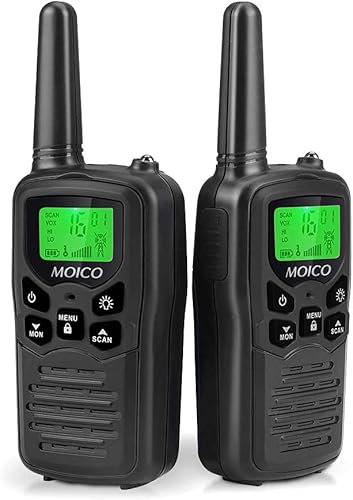 Walkie Talkies, Walkie talkies de largo alcance MOICO para adultos con 22 canales FRS, walkie talkie familiar con linterna LED, pantalla LCD VOX