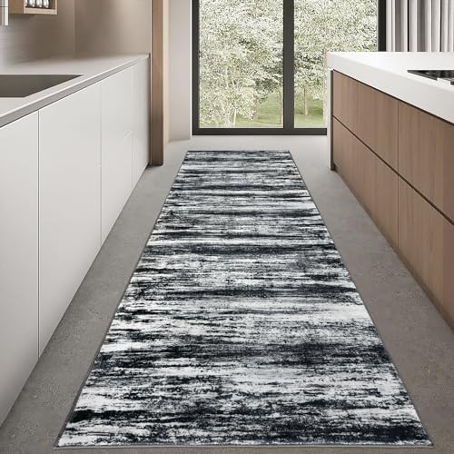 KOZYFLY 3x8 Area Rug Modern Ombre Area Rug for Bedroom, Washable Rug Non-Slip Soft Striped Living Room Rug, Black Navy Blue Grey Abstract Carpet for Laundry Nursery