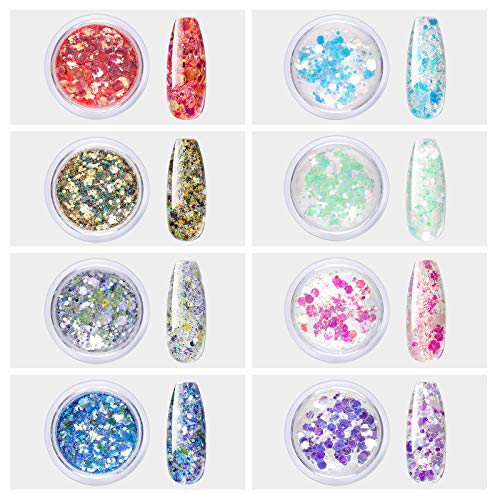 TOMICCA Dip Nail Glitter Powder 8 * 10g, Festival Dipping Powder Nail Art Powder Craft Pailletten für Nagel Gesicht… – Bild 3