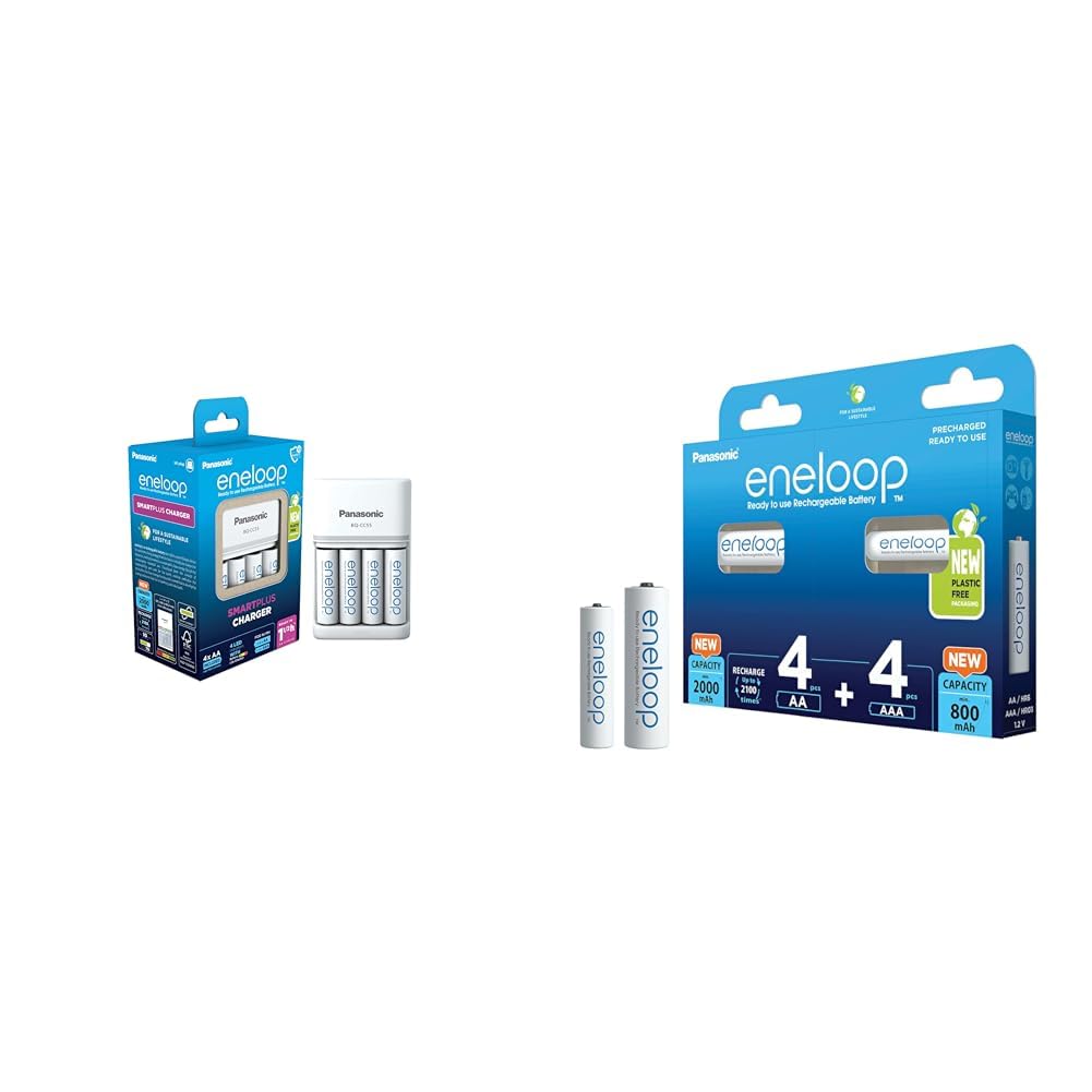 Panasonic eneloop SmartPlus Ladegerät für 1-4 AA/AAA NI-MH-Akkus & Panasonic eneloop, Ready-to-Use NI-MH Akku, 8er-Pack mit 4 AA & 4 AAA