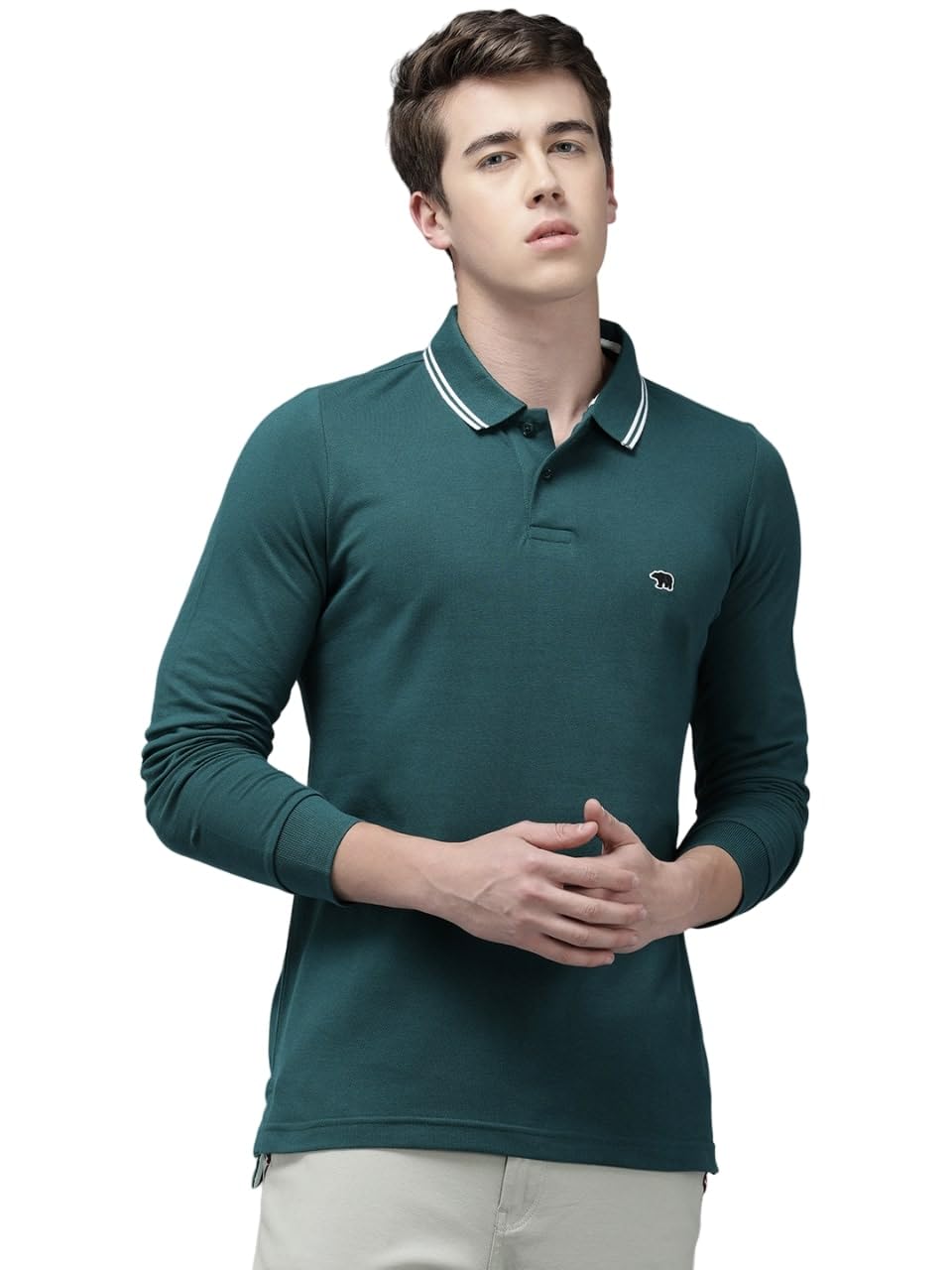 THE BEAR HOUSEMen Green Solid Slim Fit Polo Collar T-Shirt
