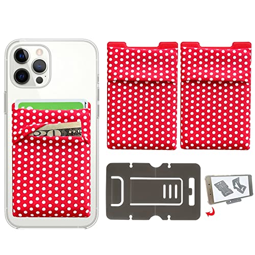Image of RFID Blocking Phone Card Wallet Stretchy Lycra Wallet Pocket Credit Card ID Case Pouch Sleeve Adhesive Sticker Compatible with iPhone Samsung Galaxy Android Smartphones (Polka Dot Red)-2PC