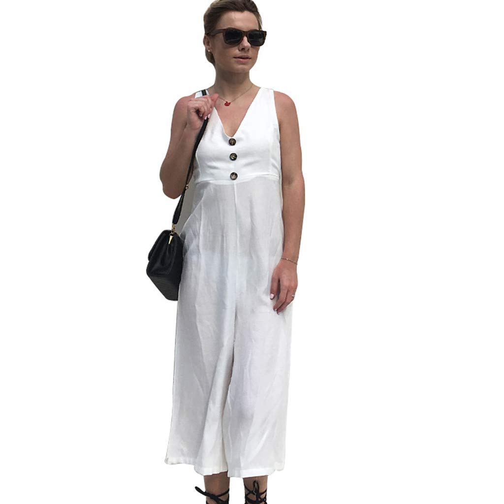 JIBO Woman's Sleeveless V-Neck Rompers Single-Breasted Open Back Back Bow Design Constraint Waist Women's Snow Yarn Rompers,White,XL