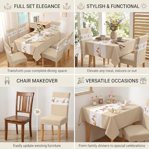 Image of Styleys Polyester Dining Chair Cover with Table Covers for Kitchen Waterproof Dining Rectangular Table Cloth (1 Table Cover + 6 Chair Cover, Beige Bird, K731)