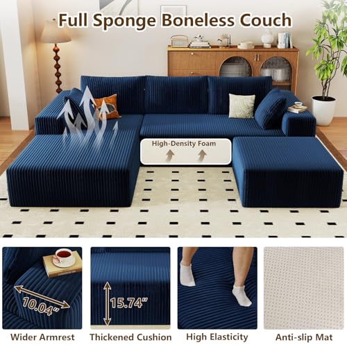 Image of 96 inch U-Shape Cloud Couch, Modern Modular Sectional L-Shape Sofa with Ottoman, Corduroy Upholstered Couches Deep Seat Sleeper Chaise Longue for Living Room, No Assembly Required(Blue, Left Facing)
