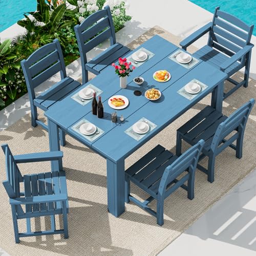 Image of SERWALL 59 inch HDPE Dining Set for 6, w / 1 Table & 6 Chairs, Blue | Armless Patio Dining Sets for All Weather Use