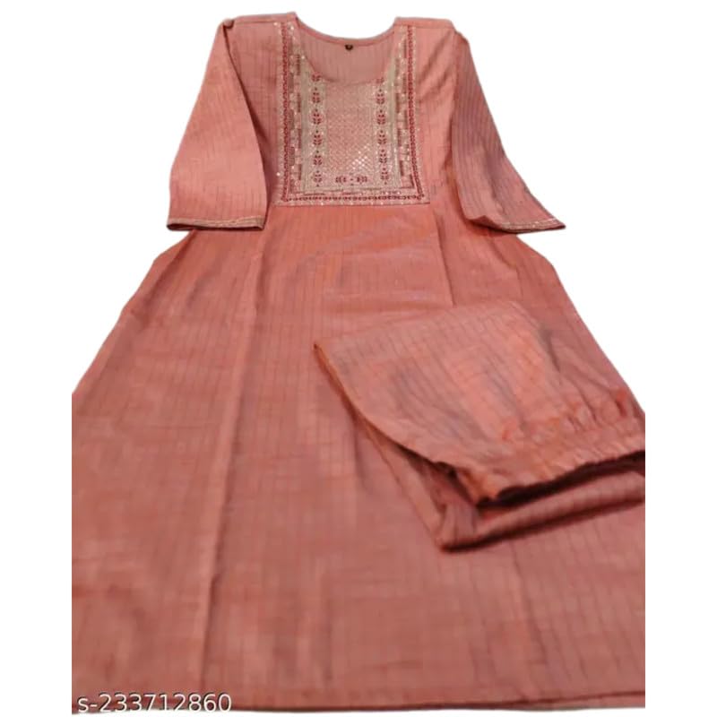 Women's Round Neck 3/4th Sleeves Embroidered Pattern Kneelength Peach Regular Kurti with Pant Set-image-39