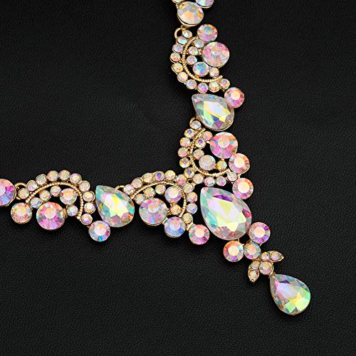 CSY Elegant Iridescent Crystal Necklace Earrings Bracelet Ring Bridal Wedding Costume Jewelry Sets for Brides Women Gifts (Iridescent AB Crystal - Gold tone) - Image 6