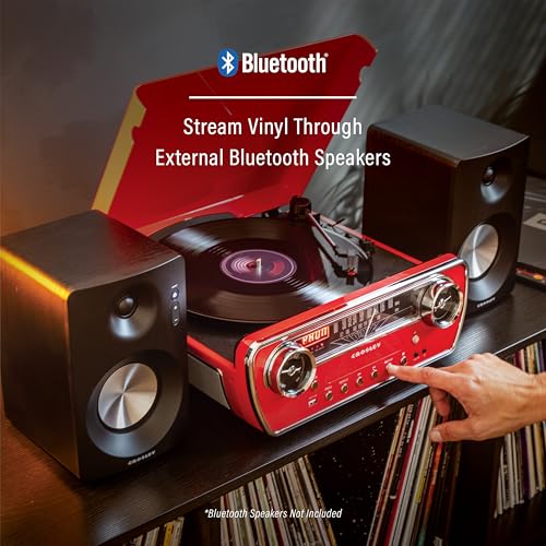 Crosley CR6047A-RE Powel 7-in-1 Bluetooth in/Out Vinyl Record Player with AM/FM Radio, CD Player, and Aux-in, Red - Les Beatles, Paul McCartney, John Lennon, RIngo Starr, George Harrison Crosley CR6047A-RE Powel 7-in-1 Bluetooth in/Out Vinyl Record Player with AM/FM Radio, CD Player, and Aux-in, Red – Image 5