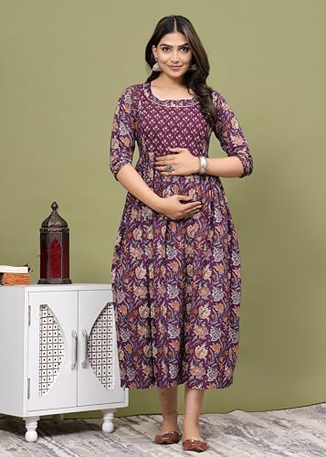 Image of Women's Feeding Kurta Cotton | Floral Anarkali Pregnancy Kurta with Nursing Zipper | Pre & Post Partum | Maternity Dresses | Mom to Be Gift