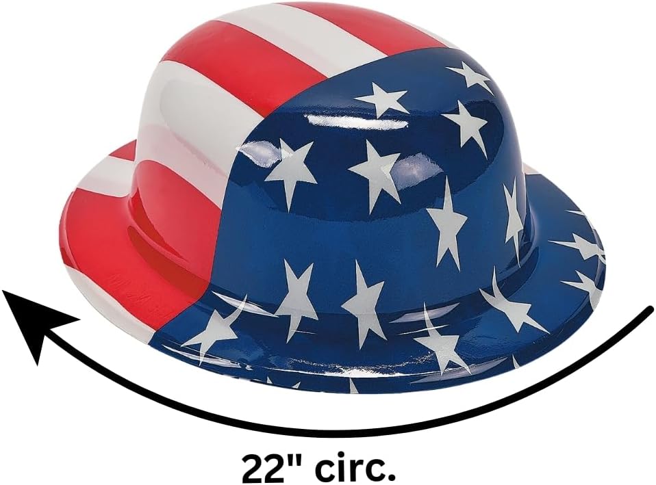 Fun Express - American Flag Plastic Derby Hat for Fourth of July - Apparel Accessories - Hats - Party Hats - Fourth of July - 12 Pieces