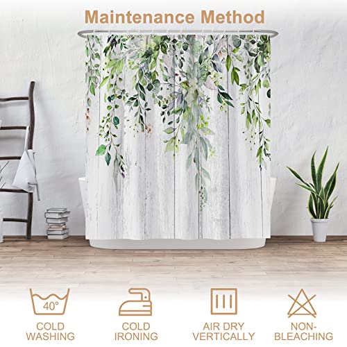Ttincceer Leaves Shower Curtain, Watercolor Weeping Leaves Tree Floral Bathroom Curtain, Spring Natural Plant Herb Eucalyptus White Plank Shower Curtain Set With 12 Hooks For Bathroom, 72" Wx72 L #TOP3