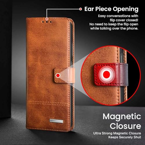 Image of WOW IMAGINE Shock Proof Hand Stitched Luxury Premium Flip Cover Case for Xiaomi Redmi Note 12 Pro 5G (Flexible | Leather Finish | Card Pockets Wallet & Stand | Tanned Brown)