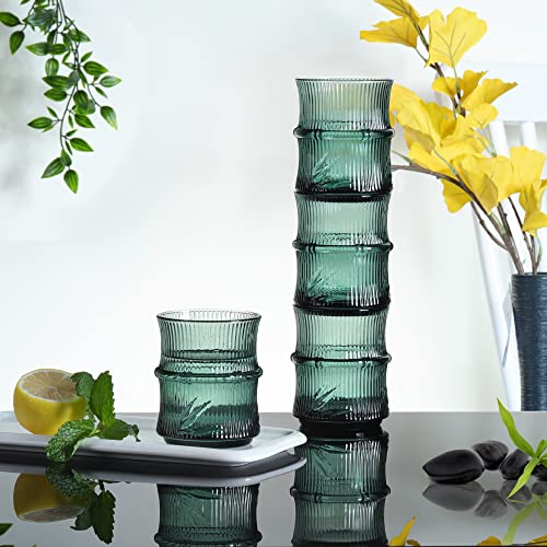 Joeyan Small Water Juice Glass Cups,Ribbed Kitchen Glassware,Green Embossed Drinking Glasses,Decorative Bamboo Patterned Stacking Tumblers,Set Of 4,8.5 Oz,Dishwasher Safe #TOP2