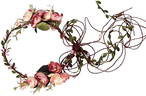LLinfflr Vine Flower Crown Boho Flower Headband Hair Wreath Floral Halo Headpiece with Ribbon Wedding Party Photos Pink