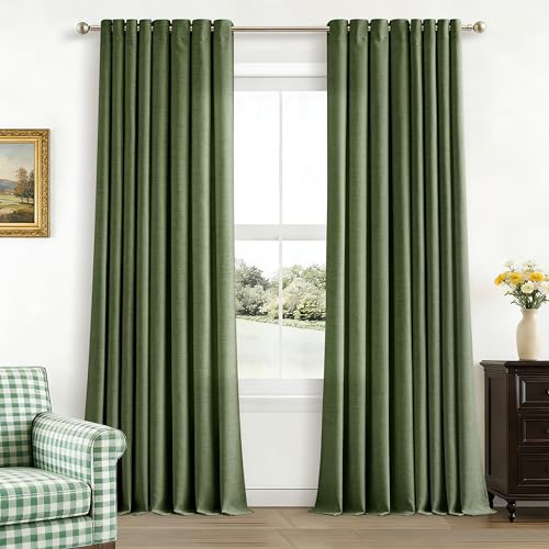 Image of Curtains 108 Inch Length 2 Panels Thick Linen Loden Semi Sheer