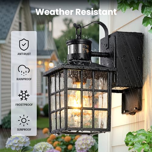 Image of Gleamz Motion Sensor Outdoor Wall Lights with GFCI Outlet, Modern Black Exterior Lighting Fixtures Wall Mount Sconce for House Garage, Anti-Rust Dusk to Dawn Front Porch Light with Water-Ripple Glass