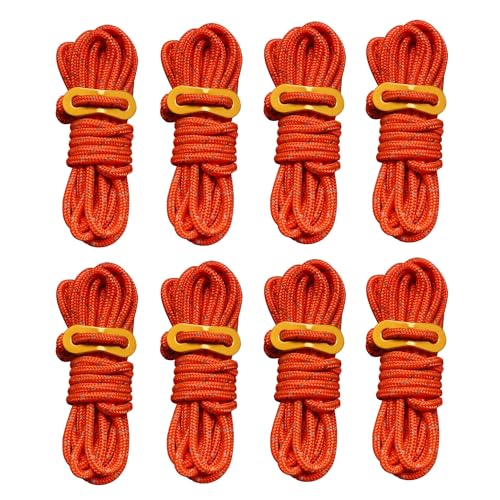 Smithok 8 Pack High-Reflective Guy Lines 4mm Tent Cords High-Strength Lightweight Camp Ropes with Aluminum Adjuster Tensioner for Tent, Tying Down Tarps, Camping, Outdoor Packaging (Orange)