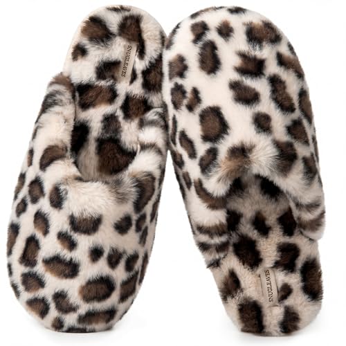 Snug Leaves Womens Fuzzy Scuff Slippers Soft Comfy Memory Foam Non-slip Indoor House Shoes (Cheetah Beige Size 9-10)