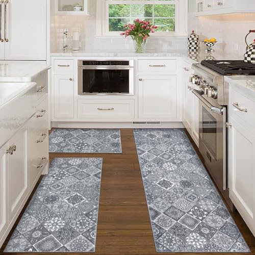 MELAJIA Kitchen Mats Non Slip Washable Kitchen Rug Sets 3 Piece Grey kitchen Runners for Hallway Laundry Room 50x80cm+50x120cm+50x150cm