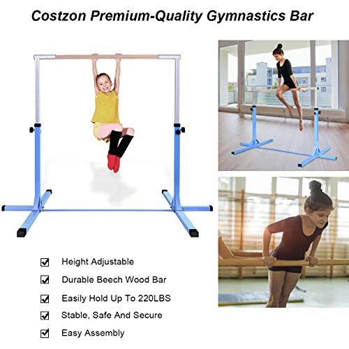 Costzon Gymnastic Training Bar, 3' To 5' Height Adjustable Expandable Kip Bar For 1-4 Levels Gymnasts, Heavy-Duty Junior Horizontal Bar W/Double Locking Mechanism, Ideal For Indoor, Home, Gym(Blue) #TOP5