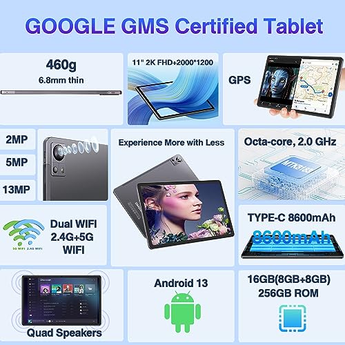Image of DMOAO 11 inch Android Tablet 16GB+256GB Tablets with 1TB Expand, Octa-Core 2000 * 1200 2K FHD Display 13MP Camera, 8600mAh, Quad Speakers, 5G WiFi, Split Screen Support (Gray with Case)