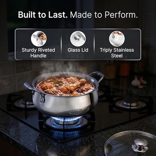 Image of AGARO Regency 3.5 L Triply Stainless Steel Handi with Glass Lid, Tri-Ply Induction & Gas Compatible, Even Heat Distribution, Non-Toxic Steel Cookware, Biryani Pot for Rice, Curry & Daily Cooking