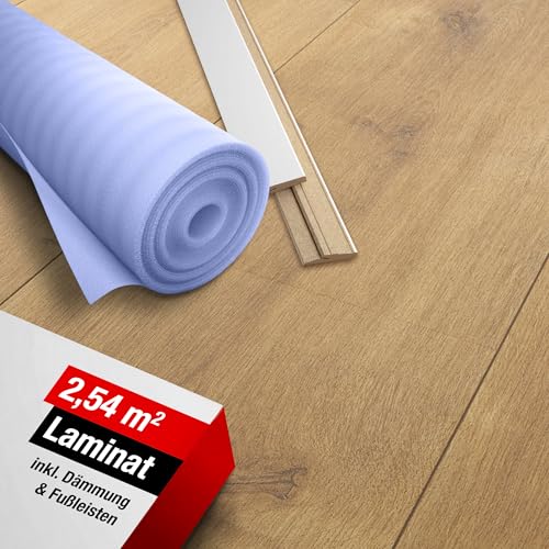 LaminatDEPOT Klick Laminat [2 54 m] inkl. Dämmung & Sockelleiste - hochwertiger Laminatboden mit einfachem Klicksystem - 6 extrabreite Landhausdielen mit 8 mm Dicke [Schlossdiele Natur]