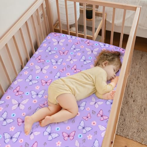 Image of JISEN Baby Fitted Crib Sheets for Boys Girls 52x28 Inch Purple Butterfly