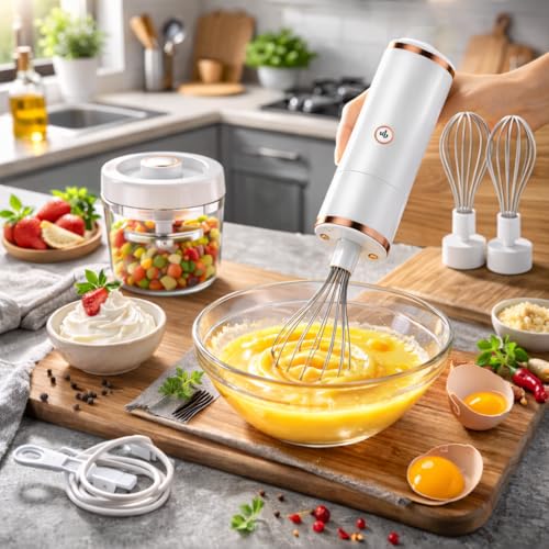 Image of Vasukie 2-in-1 Wireless Electric Hand Mixer & Vegetable Chopper, Egg Beater with Whisk Attachment, Portable Mini Food Processor for Cream, Egg, Garlic & Vegetable Chopping