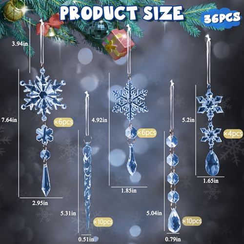Image of GuassLee 36pcs Crystal Christmas Tree Ornaments - Blue Acrylic Snowflake Icicle Drop Crystal Hanging Ornaments for Christmas Tree Wonderland Frozen Themed Birthday Party Decor