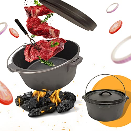 Schauer Dutch Oven mit Deckel in Schwarz 5 Liter und 7,5 Liter | Gusseisen Topf ohne Füße bereits eingebrannt | Schmortopf Feuertopf Gusseisen für Küche Camping Garten BBQ Backen Gasgrill (5 Liter)