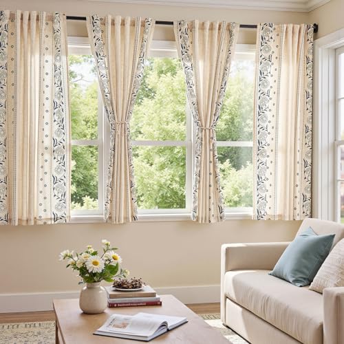 Image of jinchan Blue Floral Linen Curtains for Living Room 63 inch Back Tab 2 Panels