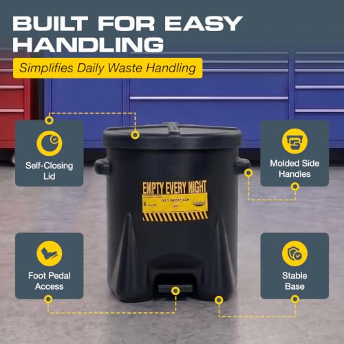 Image of Eagle Oily Waste Can, Self-Closing Lid, 6 Gallon, Made in the USA, Black | High-Density Polyethylene Construction, Leakproof Design, Hands-Free Operation, OSHA, FM, NFPA Compliant