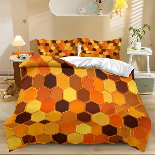 Funda nórdica Estampada 135 x 200 cm Funda de edredón Suave de fácil Cuidado con Cierre de Cremallera Hexágono de Panal de diseño Original Printed Bedding Set Soft Microfiber Color Naranja