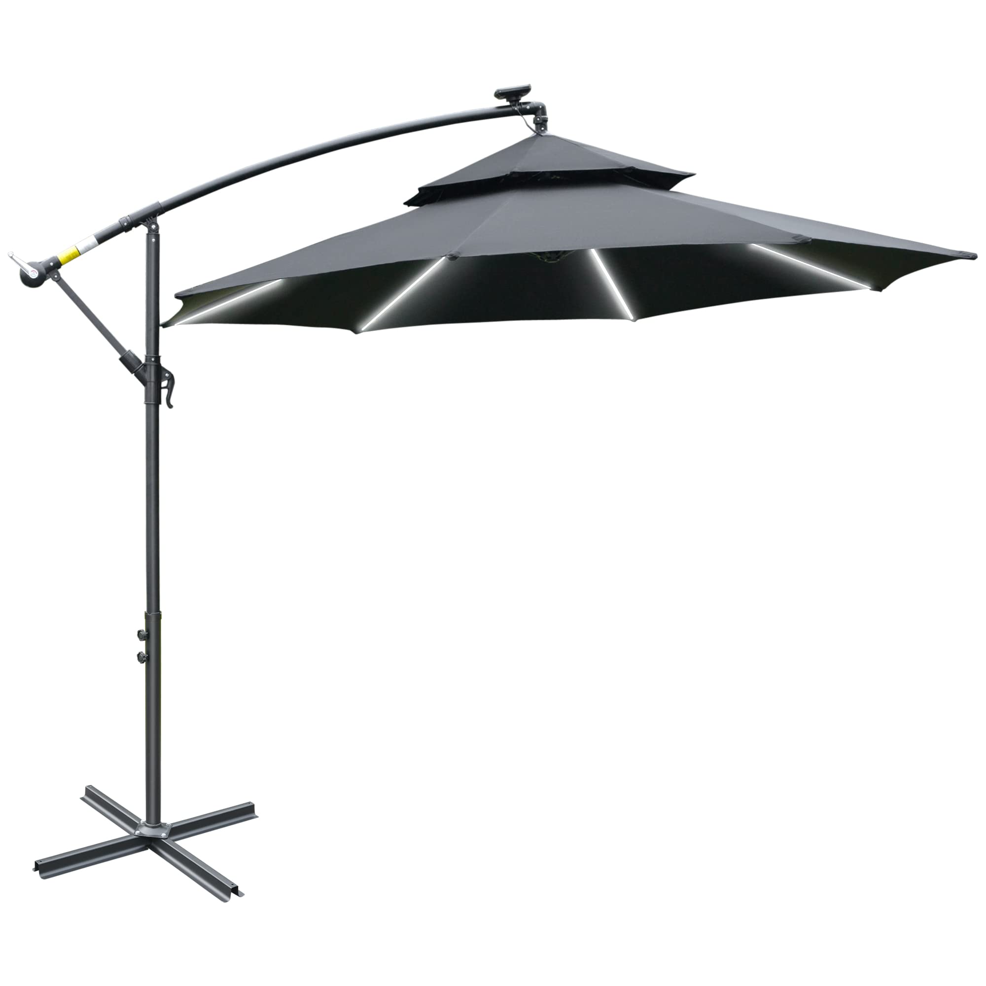 Outsunny 3(M) Cantilever Parasol Hanging Banana Umbrella W/ Lights, Black