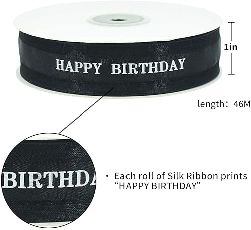 Miniatura 2 de TONIFUL Cinta de feliz cumpleaños de 1 pulgada, cintas de seda de satén negro para envolver regalos, 50 yardas, cinta de organza de gasa para