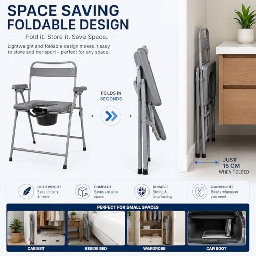 Image of Premium Folding Powder Coated Metal Steel Shower Bathing Room Mobile Commode Chair Indian Toilet Seat For Elderly Disabled Man and Pregant Women Support Safe Chair Anti-Slip (Grey)