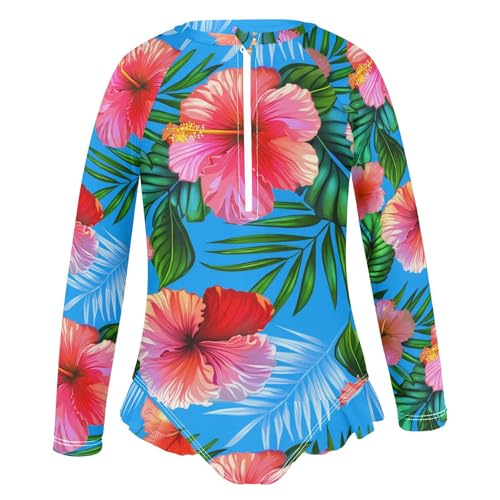 J JOYSAY Hibiscus Palm Leaves Girls One Piece Swimsuits Long Sleeve UPF 50+ Rash Guard Kids Swimwear 3-12 Years2