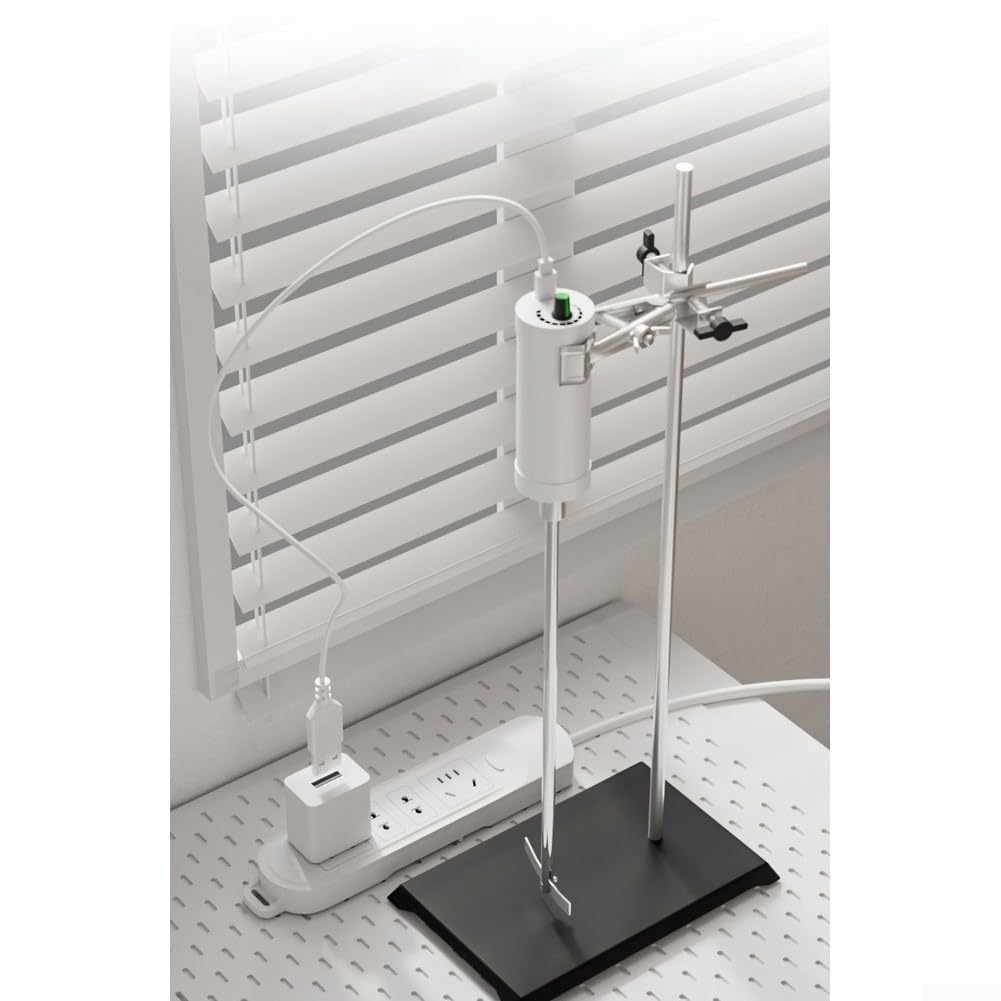Elektryczny mikser laboratoryjny 5 V, zasilany przez USB, regulowana prędkość 1000-2000 obr./min, metal, do pojemników 0,5 l - 3 l, eksperymenty chemiczne, biały, 20,5 x 13 cm