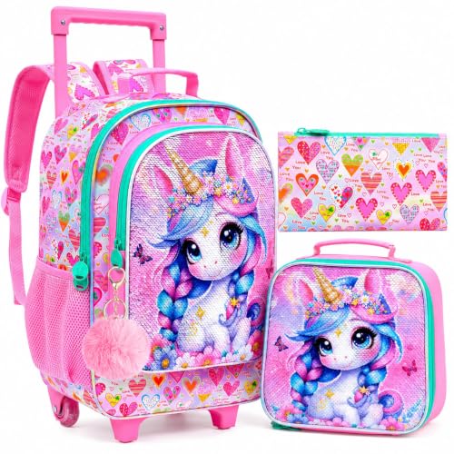 Image of CCJPX 18 inch Unicorn Rolling Backpack for Girls, 3Pcs Kids Wheeled Bookbag with Lunch Box, Lightweight Roller School Bag for Elementary Preschool (Pink)