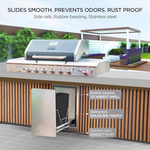 boldworks Outdoor Kitchen Drawers Big Outdoor Built in Garbage Can 13.6 x 26 x 19.3 Inch Pull Out Trash Drawer with Spring Lock to Store Up to 10 Gallon Trash Can for BBQ Island Grill Station